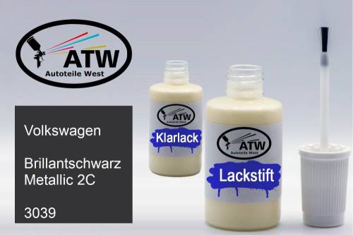 Volkswagen, Brillantschwarz Metallic 2C, 3039: 20ml Lackstift + 20ml Klarlack - Set, von ATW Autoteile West.